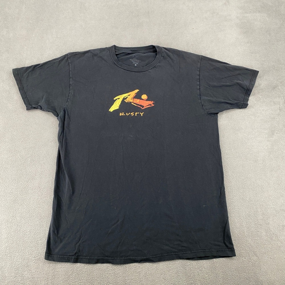 Rusty Mens Graphic T-Shirt Black Y2K Skater Surf Logo Tee Size L 6905